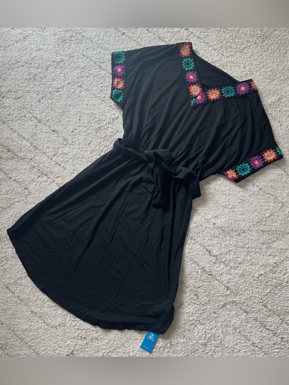 Cupshe Black Midi Dress with Multicolor Floral Embroidered Trim